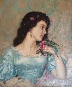 Weerts Jean Joseph Beautiful pensive portrait of a young woman with a bird and flower Germany oil painting artist